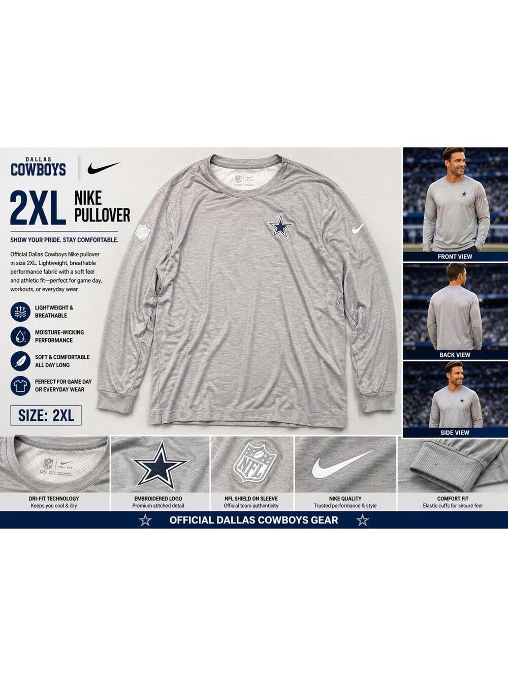 Dallas Cowboys Nike Dri-FIT Pullover Shirt Men’s 2XL Gray Long Sleeve NFL